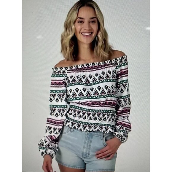 Wrangler Womens Retro Off-Shoulder Boho Top White Pink & Black Size Small - Picture 1 of 14